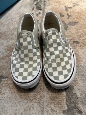 Vans Kids Slip-On Checkerboard Sneakers in Sage and White